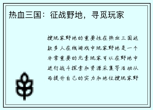 热血三国：征战野地，寻觅玩家